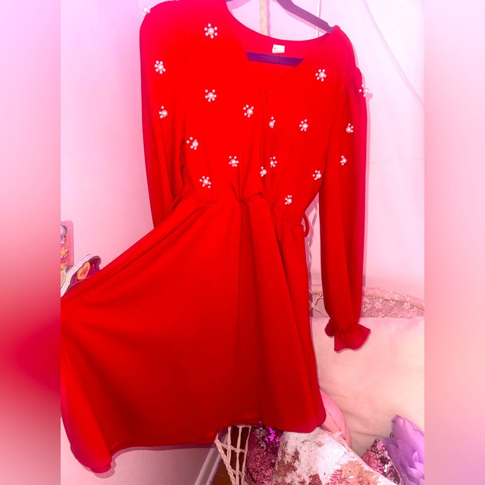 Red dress with pearls